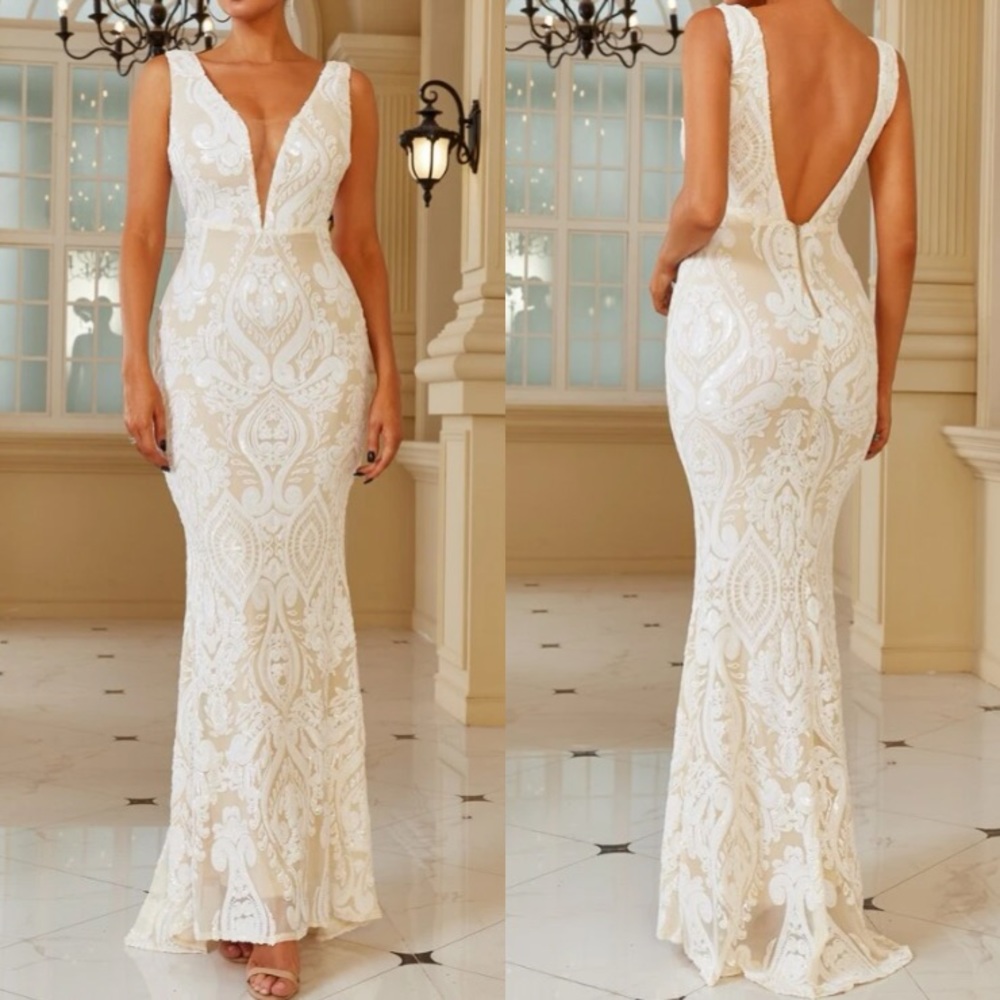 Luxe plunging V neck sequins mermaid hem party formal evening bridesmaids dress